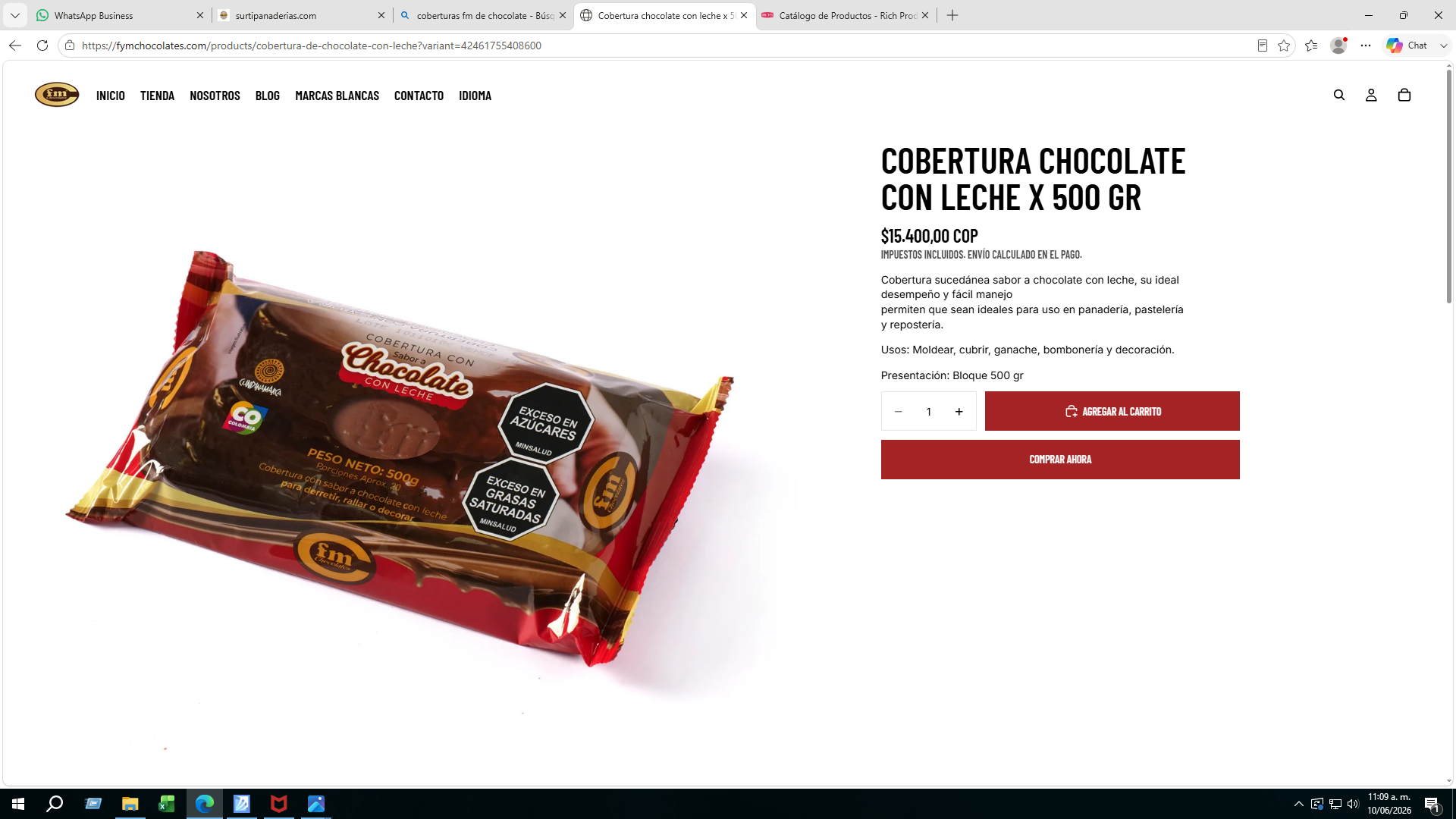 COBERTURA FM  SABOR A CHOCOLATE CON LECHE NEGRO 500 GR