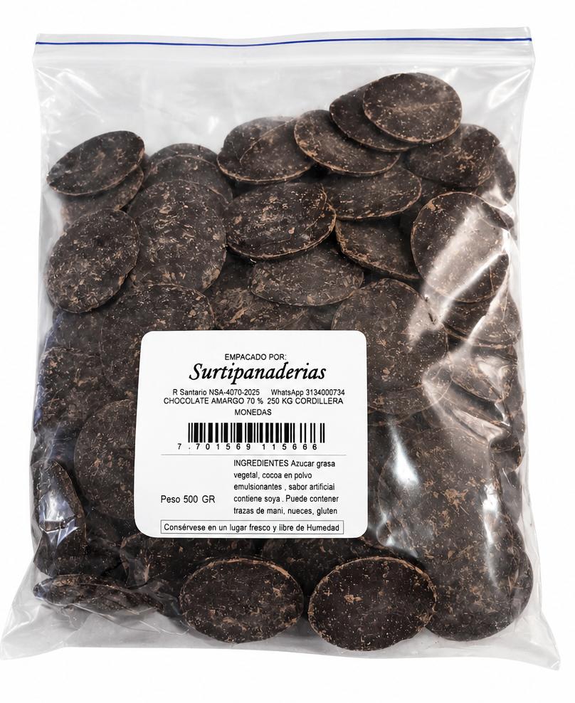 MONEDAS CHOCOLATE AMARGO 70/ CORDILLERA 250 GR